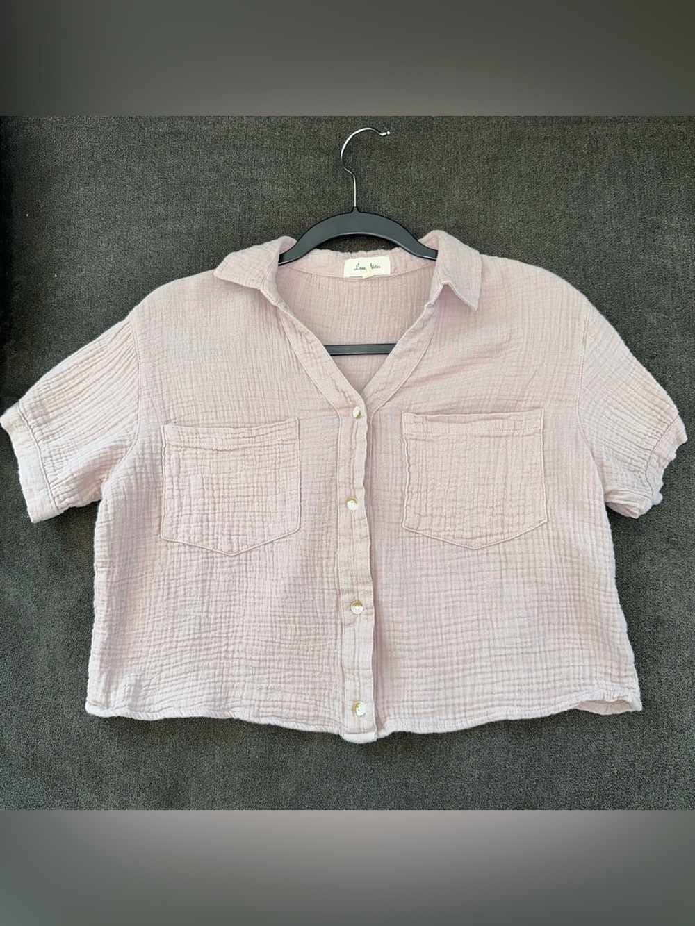 LOVE NOTES Button Up Cropped Shirt Womens Pink Purple Waffle Gauze Size S